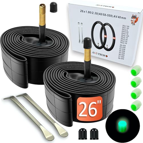 Fahrradschlauch 26 Zoll AV 48mm | 26x1.90 26x2.0 26x2.10 26x2.25 26x2.30 | Autoventil Schrader Langes Ventil | MTB City Trekking | 2er Set Inkl. Leuchtkappen