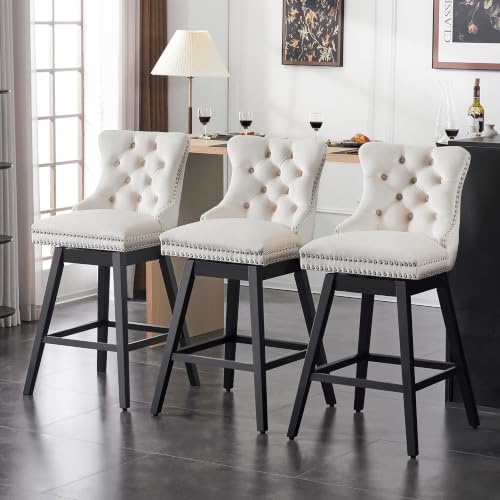 Image of Beige Swivel Bar Stools, Velvet Counter Height Bar Stools Set of 3
