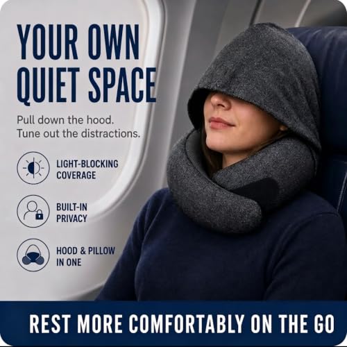 Oreiller de voyage avec capuche, oreiller d'avion en mousse à mémoire de forme amélioré pour dormir, soutien à 360°, oreiller de voyage en forme de U avec cache-yeux caché, accessoires de vol portables pour avion, voiture, bureau (noir) – Image 3