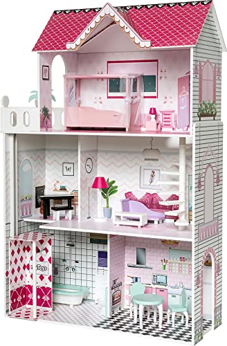 myToys ORIGINALS Puppenhaus mit 13 Möbeln, pink, 5 Zimmer und Treppe, manuell betriebener Aufzug und Balkon, mit 13…