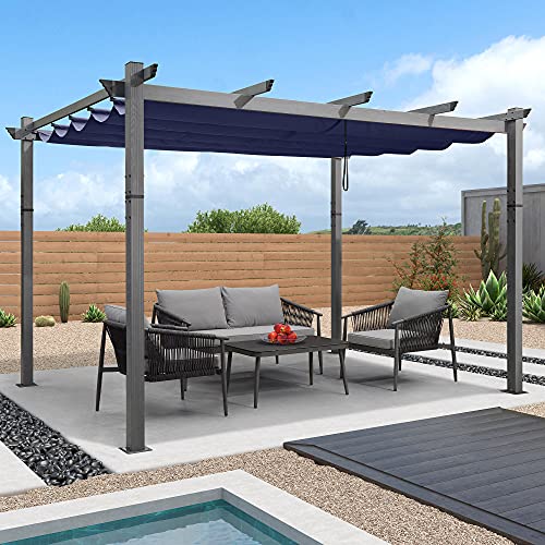 PURPLE LEAF 10 x 13 Outdoor Retractable Pergola with Sun Shade Canopy Patio Metal Shelter for Garden Porch Beach Pavilion Wood Grain Frame Gazebo Modern Yard Grill Pergola, Navy Blue