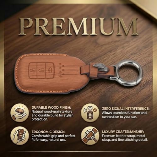 Image of Wooden PU Leather Key Cover Compatible with Honda BRV, WRV, CRV, Jazz, City 2 ButtonSmart Key Stylish & Durable Protection
