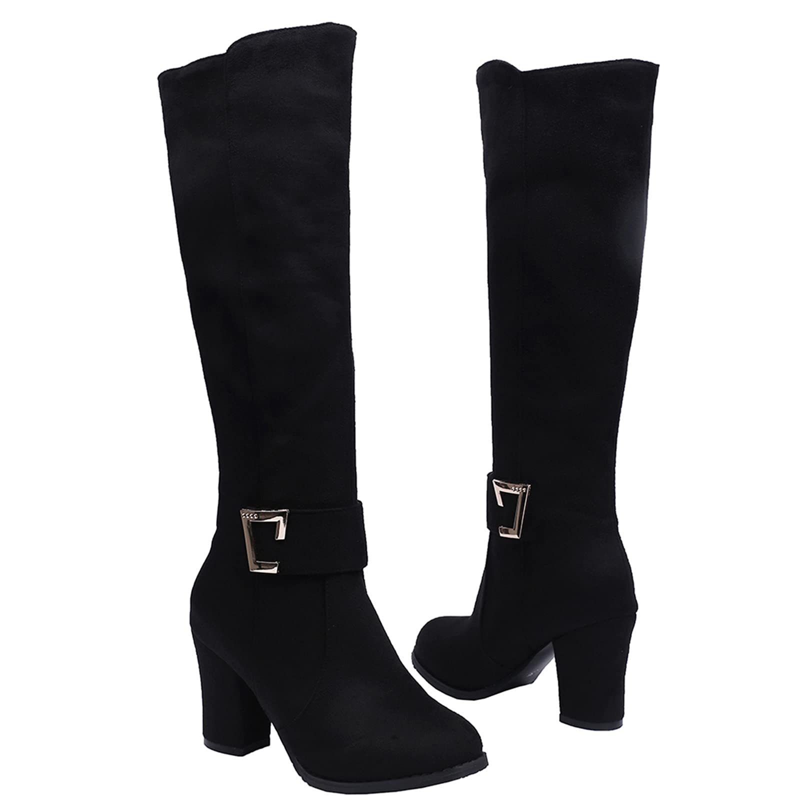 Onewus Damen Kniestiefel Blockabsatz Reißverschluss Warm Gefüttert