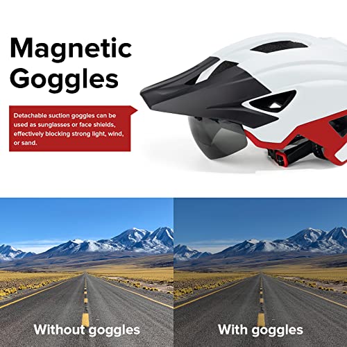 Senada Adults Bike Helmet With Sun Visor With Detachable Magnetic Goggles Adjustable Size Cycling Helmets Mountain & Road Bicycle Helmets For Women And Men (White Red) #TOP3