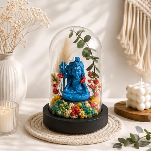 Image of eCraftIndia Handcrafted Lord Shiva Idol in Glass Dome with Dried Flowers & Wooden Base | Decorative Spiritual Showpiece for Home, Office, Living Room, Temple & Gift for Festivals