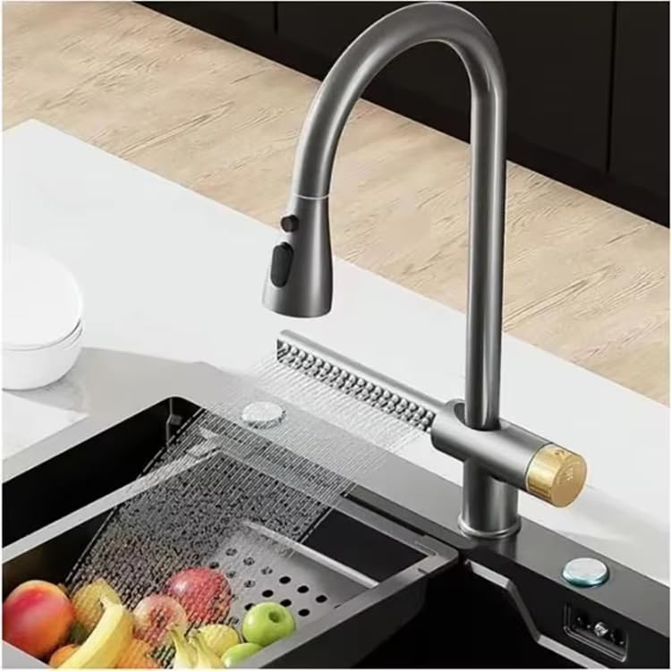 Image of B Backline Brass Waterfall Kitchen Sink Hot & Cold Mixer Tap /Faucet 360 Rotatable Pull Out Kitchen Faucet Multi-Function Dual Spray Head Technology /Kitchen Sink Tap (Grey Matt)