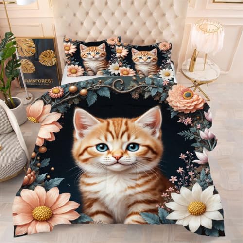 ZZXHG Edredón Matrimonio Estampado 3D | Gatito Amarillo, Nórdico Reversible de 4 Estaciones, Lavable, Incluye 2 Fundas de Almohada 50x75 cm, para Cama de 105 cm