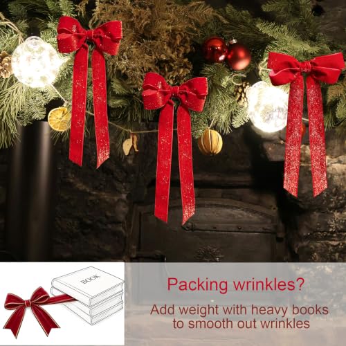 12Pcs Red Christmas Velvet Ribbon Bows with Gold Thread, Tree Decorations - image 6