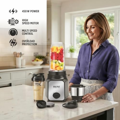 Image of BALTRA Amigo Max Nutri Mixer & Smoothie Maker | 450W Powerful Motor | 3 Jars & Blender Jar | Multi-Speed Mixer Grinder | Fruit Juicer, Smoothie & Chutney Maker | BNM-103