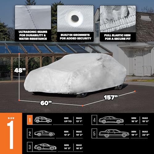 Image of Budge Ultra Duro Car Cover, 3-Layer UV & Water Resistant Outdoor Protection, Fits Cars up to 157 inch, Gray, Size D-1