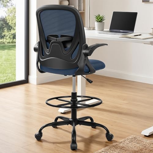 Image of Primy Drafting Chair Tall Office Chair with Flip-up Armrests Executive Ergonomic Computer Standing Desk Chair with Lumbar Support and Adjustable Footrest Ring (Navy)