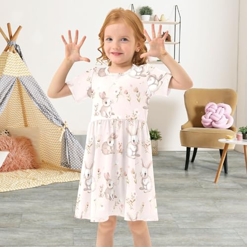 ALAZA Flower Rabbit Bunny Floral Girls Dress Short Sleeve Toddler Casual Dresses Summer Sundress 2-8T4