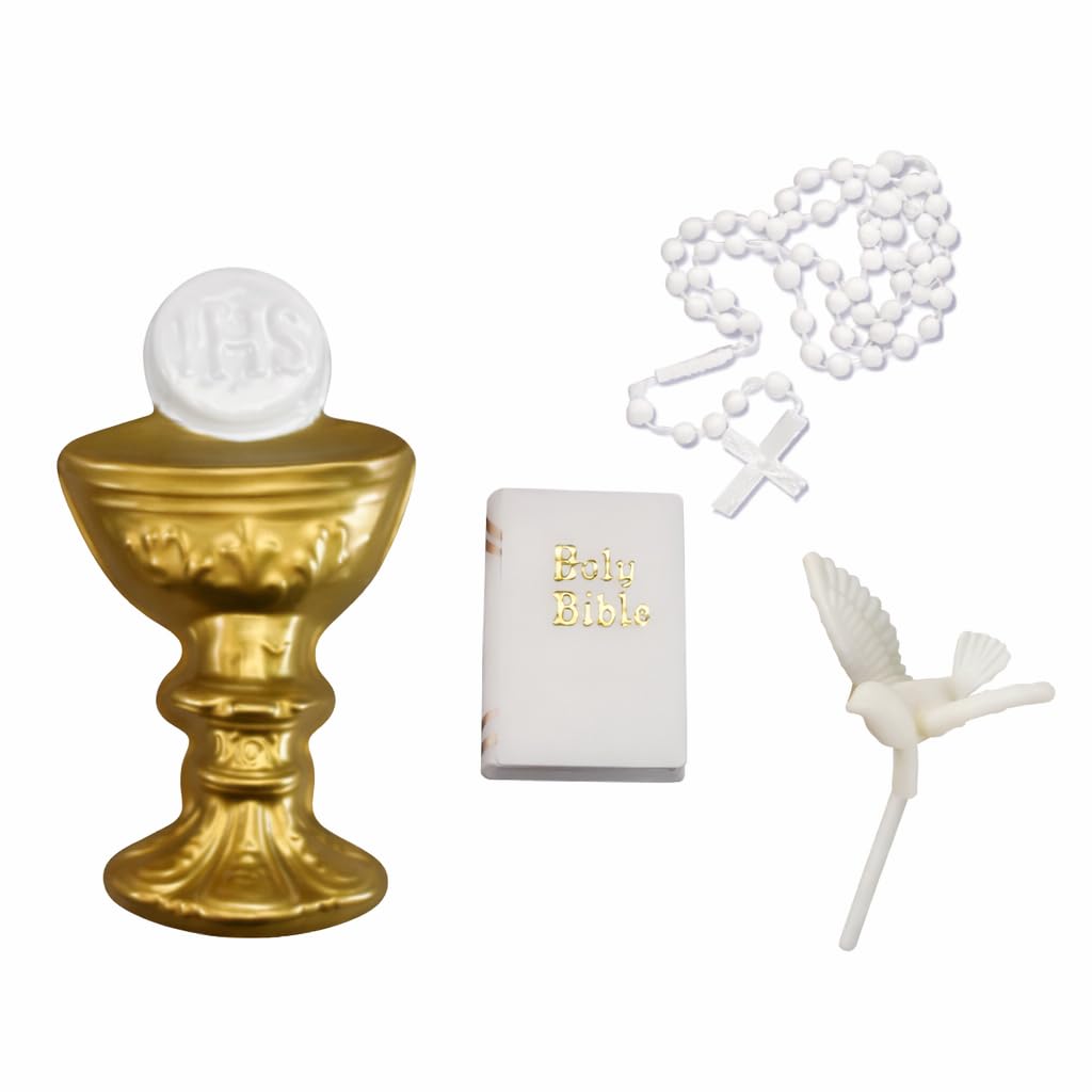 Oasis Supply First Holy Communion Cake Topper Kit – 4-Piece Religious Cake Decoration Set with Chalice & Host, Rosary, Dove and Mini Bible – Food-Safe Plastic Communion Decor
