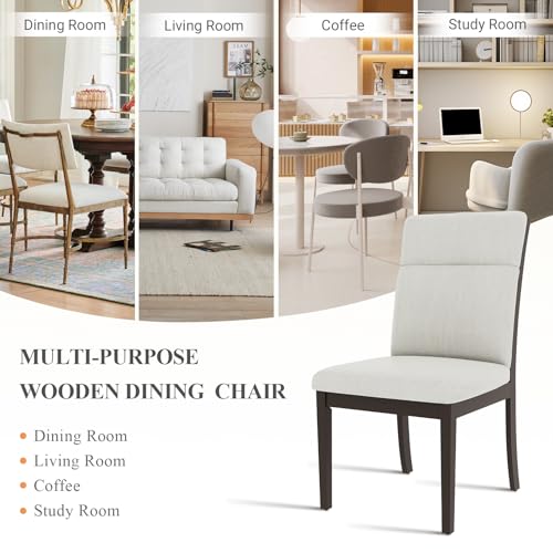Image of COLAMY Wooden Dining Chairs Set of 2, Modern Fabric Upholstered Kitchen Side Chairs, Farmhouse Ladder High Back Dining Room Chair with Foot Pegs - Beige