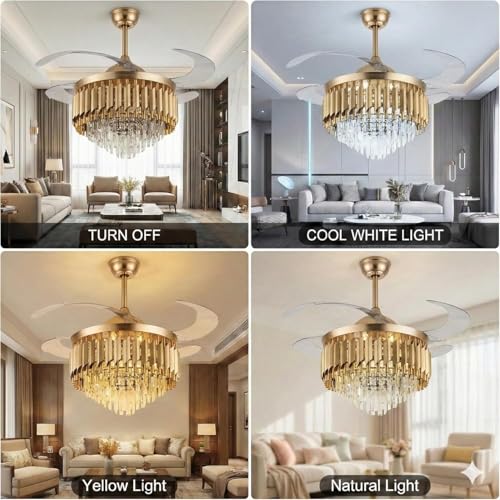 Image of 42 inch Crystal Ceiling Fan Gold Chandelier with Remote | Retractable Blades | LED Light (3 Color Modes) | Modern Luxury Fan Light for Living Room & Dining Fan Chandelier