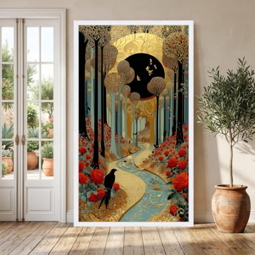 Tableau sur toile Ruisseau de haute qualité artistique avec roses rouges et cadre en bois