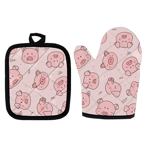 DISNIMO Oven Mitts Cute Cartoon Pig and Pot Holders,Heat Resistant Insulated Gloves with Hang Loop Machine Washable for Women