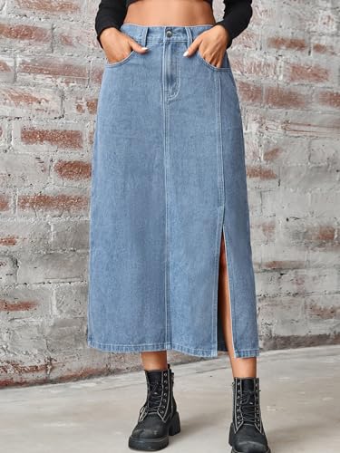 Women's Summer Casual Elastic Waist Midi Denim Skirt A Line Stretch Side Slit Jean Skirts3