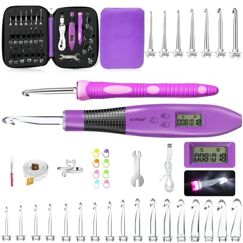 Image of BZVV Light Up Crochet Hook Set Everything Crochet Counter 24 Different Size | Digital stitch counting, lighted ergonomic dual handles, reinforced connection and complete everything crochet tools.