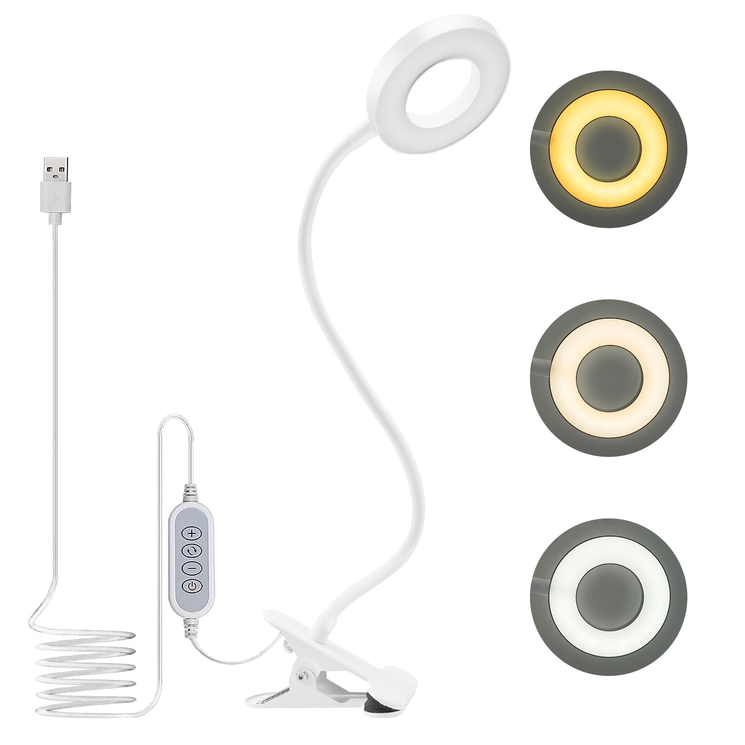 Lampara Lectura con Flexo Pinza 8W LED Luz Lectura escritorio Cuidado Ocular, 3 Modos de Luz y 10 Brillo Ajustable, 360° Flexible USB Regulable Lámpara para Libro, Tablet, Camping(Blanco)