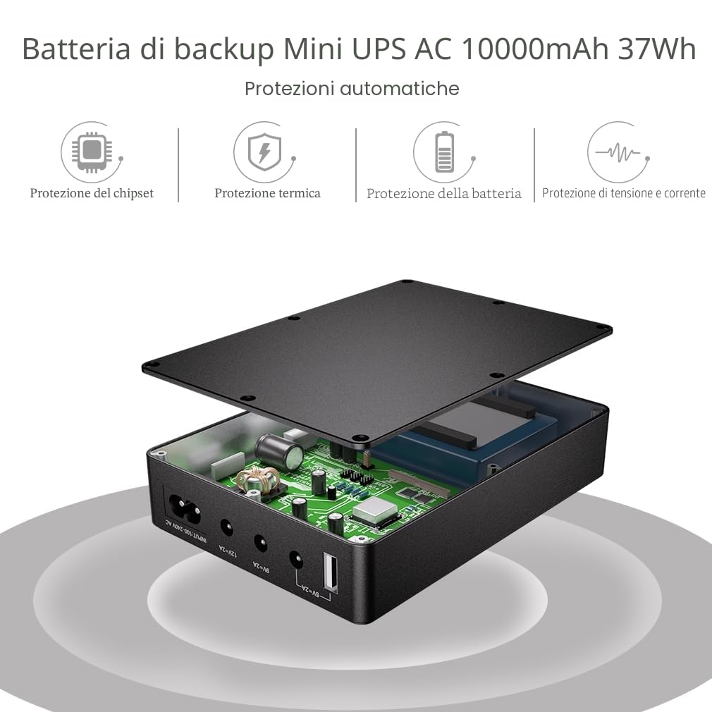 Mini UPS Gruppo di Continuità per Router Modem Telecamera 5V 12V 2A 37Wh