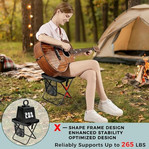 Image of Portable Folding Stool - 12 inch Tall Collapsible Backpack Stool with Storage Pouch, Hands-Free Carry & Supports 300 lbs, Ultralight for Hiking, Fishing, Camping, Festivals (Black, Standard)