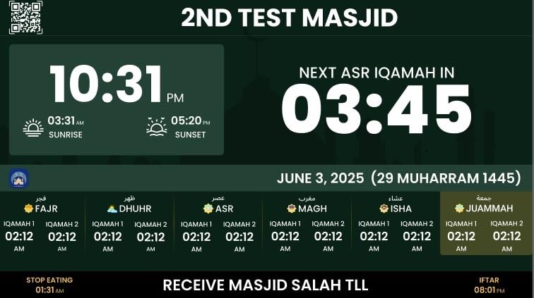 Masjid Digital Clock for Iqama Display Directly on Your TV or Monitor Screen. Supports TV displays from 25-75 inch (Display not Included). for Masjid Display use only – NOT for Home use.