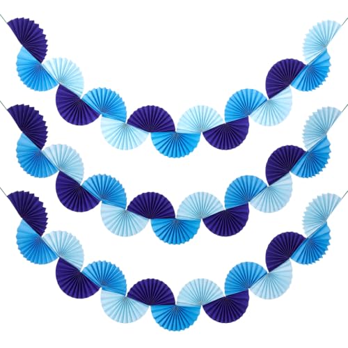 Image of 3 Pack Blue Paper Fans Garland 15.6ft Colorful Background Ceiling Hanging Decorations Paper Garland Decorations Set for Birthday Party Supplies 3D Blue Party Decoration