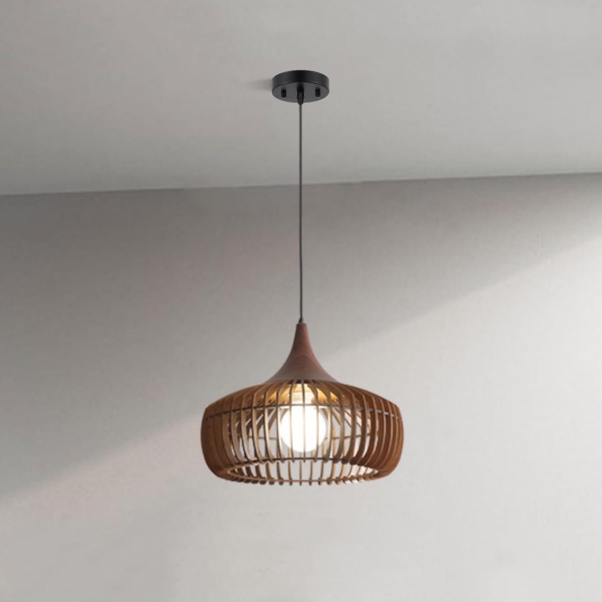 LYMSXAZOU Farmhouse Wooden Pendant Light - Rustic Mid-Century Chandelier with Adjustable Cord 16.9" Walnut Cage Fixture(Brown,21.6")