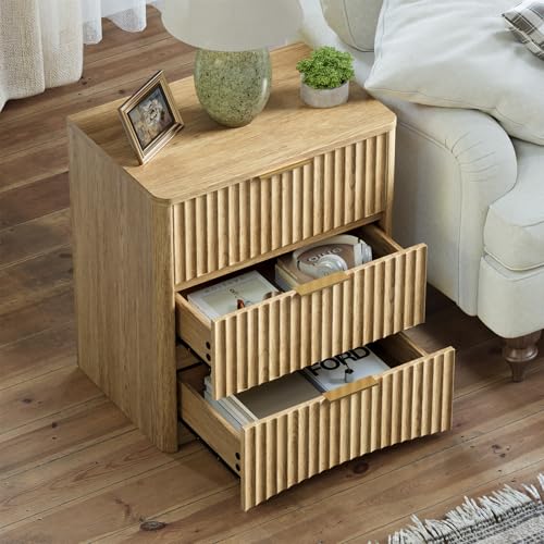 Image of Evermagin Fluted Nightstand, Natural Oak Bedside Table with 3 Drawers, Wood End Table with Storage Mid Century Modern, Large Night Stand for Bedroom