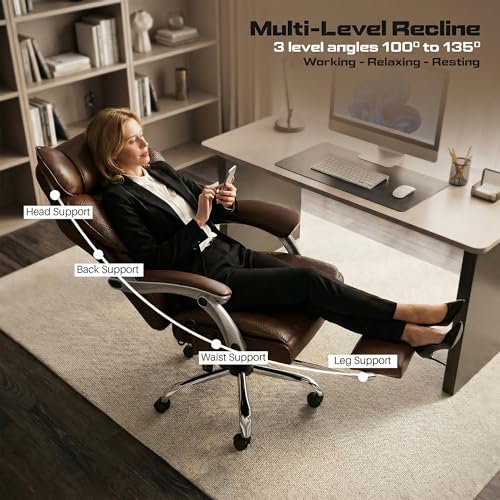 Image of DROGO Emperium Office Chair for Work from Home 400LBS | Ergonomic Executive Boss Chair with PU Leather,High Back, Spacious Cushion Seat & Pumping Lumbar Support | Premium Metal Base & Footrest (Brown)