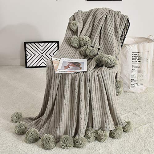 Fomoom Throw Blanket for Couch, Gray Pom Pom Throw Blanket Knit Blankt