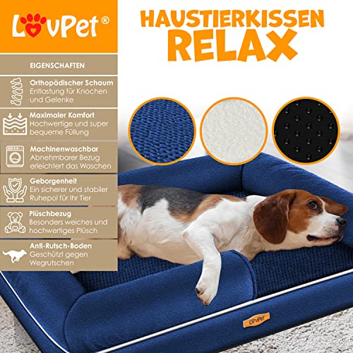 Lovpet® Orthopädisches Hundebett Hundekissen Hundekorb Relax, Inkl. Napf + 3X Kauknochen, Hundesofa für Kleine, Mittelgroße & Große Hunde, Bezug abnehmbar und waschbar, 91x71x22cm Navyblau