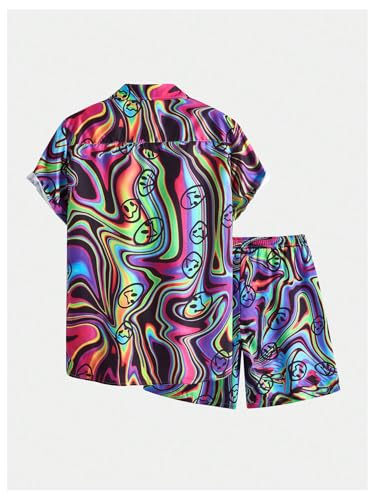 Men's 2 Piece Rave Outfit Short Sleeve Button Down Graphic Shirts and Drawstring Shorts Hawaiian Matching Set2