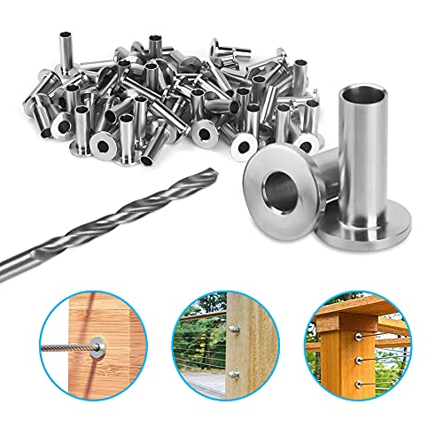 Zerotop Stainless Steel Protective Sleeves For 1/8" Wire Rope Cable Railing Straight Post Protector With Drill Bit 60 Pack 316 Marine Grade For Wood Post Diy Balustrade Staircase Deck Cable Railing #TOP5