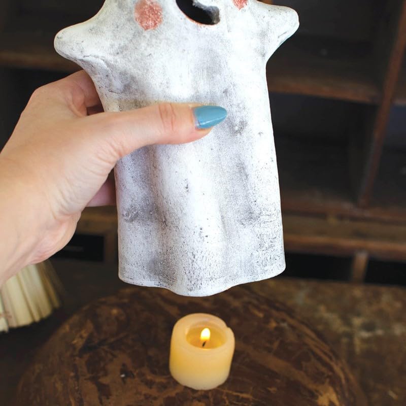 Set 2 Cute Clay Ghost Candle Lanterns Halloween Tea Light Votive Décor 8 in Pair