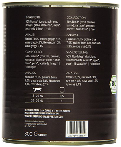 Herrmanns Bio Hundefutter Rind Menu 1 mit Buchweizen, Apfel, Birne 800 g, 6er Pack (6 x 800 g)
