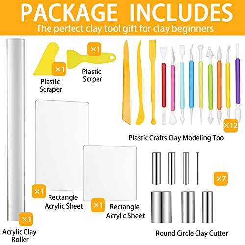 kiniza-24-Pieces-Clay-DIY-Tool-Set-Acrylic-Clay-Roller-with-Acrylic-Sheet-Set-Plastic-Clay-Scraper-Backing-Board-Set-Plastic-Clay-Sculpting-Tools-Clay-Shaping-and-Sculpting-Tool-for-DIY-Craft