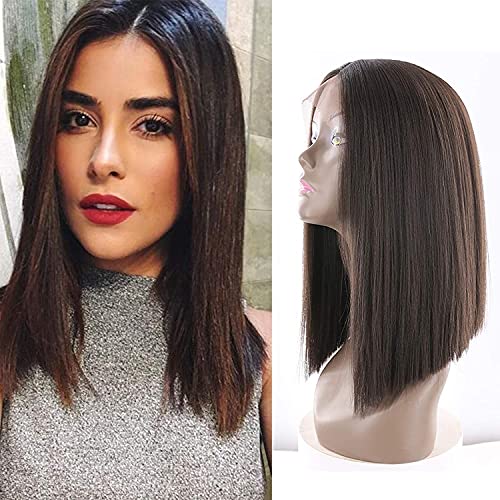 SOKU Bob Straight Hair Lace Front Synthetic Wigs 130% Density Full Hair Heat Resistant Yaki Straight Synthetic Fiber Middle Part Blunt Lace Front Wig for Women Day to Day Wear
