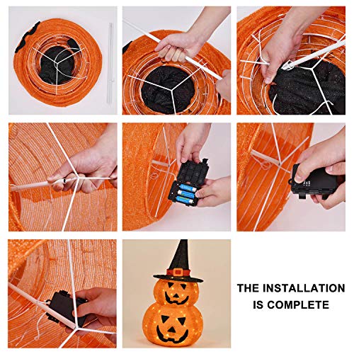 UpdateClassic Lighted Halloween Stacked Pumpkins with Witch Hat, Sturdy Bracket with Built-in LED Lights, Perfect Night Light Halloween Decoration for Indoor Outdoor Living Room Yard Patio