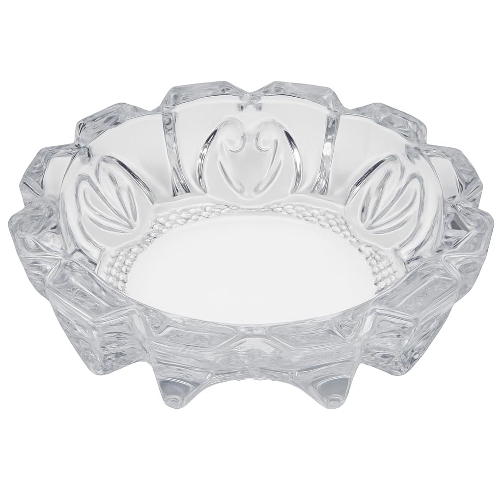 Clear Glass Ashtray 12cm Diameter – Heavy Cut Crystal Style, Round Decorative Design with Scalloped Edges – Multi-Purpose Bowl for Home, Office, Bar, Tabletop JR1506