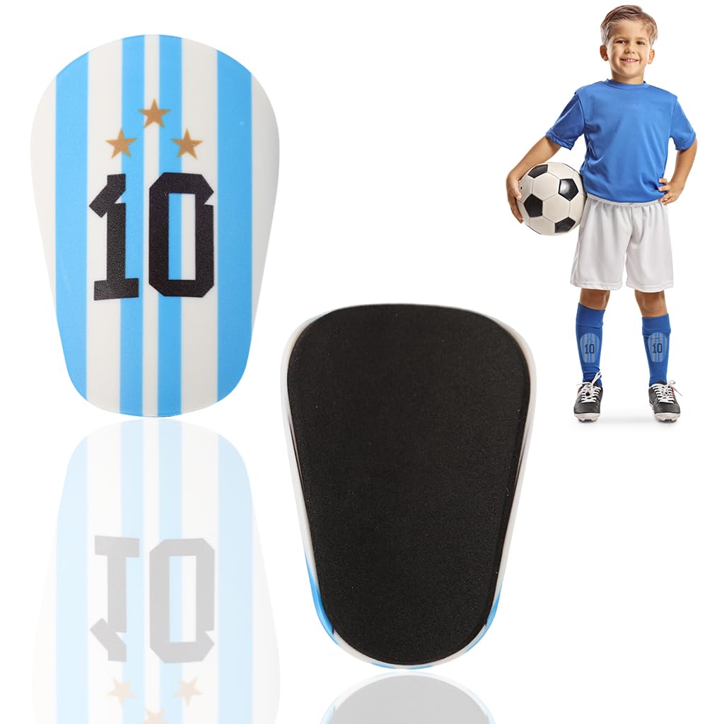 Proberos® Kids Mini Football Shin Pads for Age 3-6, Champion Edition Blue White Striped Number 10 Print Sport Soccer Shin Pads, Protective Hard Shell Shin Guards with Cushion Liner Pads