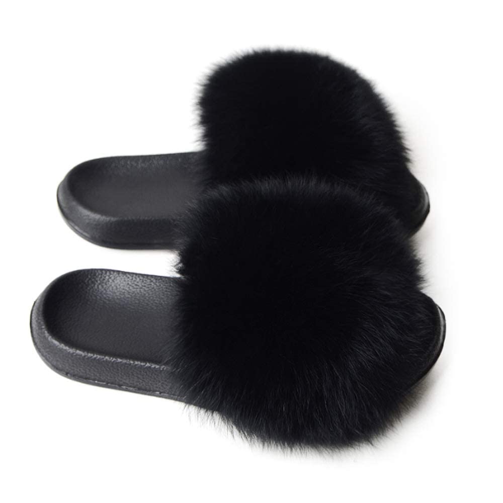 Damen Schlappen mit Fell Pelz Sandalen Sommer Plüsch Flaumiger Pantoletten Flipflops Slipper Indoor Outdoor