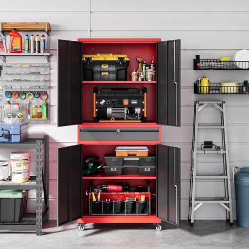 Image of Letaya Metal Garage Storage Cabinet with Wheels,Rolling Tool Cabinet with Adjustable Shelves and Drawer for Garage Home Utility Room (Red)