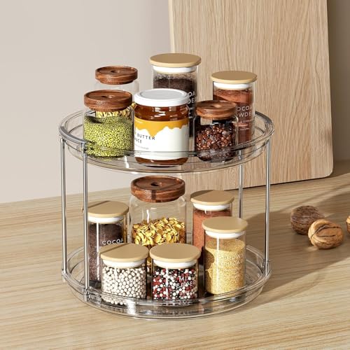 Image of Zollyss 2 Tier Lazy Susan Organizer Turntable | Clear 9.25 Inch Rotating | Counter-Top Kitchen Storage | for Pantry, Bathroom, Vanity | Keeps Clutter Control in Rooms