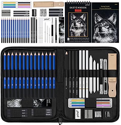 Prina 50 Pack Drawing Set Sketch Kit, Sketching Supplies with 3-Color Sketchbook, Graphite, and Charcoal Pencils, Pro Art Drawing Kit for Artists Adults Teens Beginner Kid, Ideal for Shading, Blending