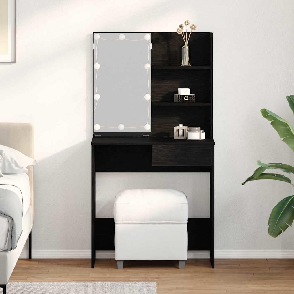 Schminktisch Schwarz Eichen-Optik Holzwerkstoff mit LED Beleuchtung und Flachspiegel 74,5 x 40 x 141 cm, Stauraum mit Schublade und Regal für Schlafzimmer, Makeup, Pflege und Organizer