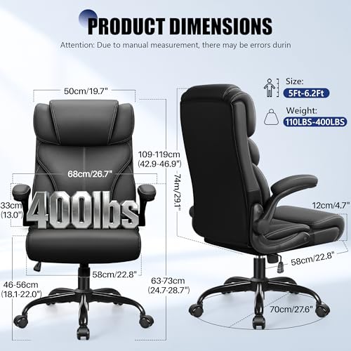 Image of Primy Office Chair, Ergonomic Leather Desk Chair with Flip-up Armrests, Big and Tall High Back Executive Computer & Gaming Chair with Footrest, Comfy Padded, Rocking Function and Lumbar Support(Black)