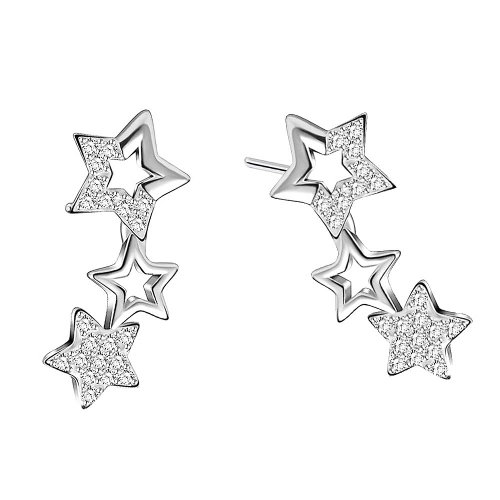 Voarge Pendientes de Plata de Ley 925 con Circonitas Cúbicas y Diseño, de Pequeñas Estrellas a lo Largo de la Oreja, circonita cúbica Regalos día de Navidad para Niña Mujer Color Plateado