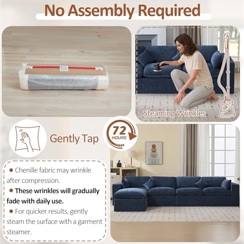 Image of 146''Cloud Boneless Sectional Couch, Modular Sectional Sofa Deep Seat with Ottoman, Oversized Upholstered Convertible Comfy 5 Seater Chenille Sofa L Shape Couches for Living Room, Navy